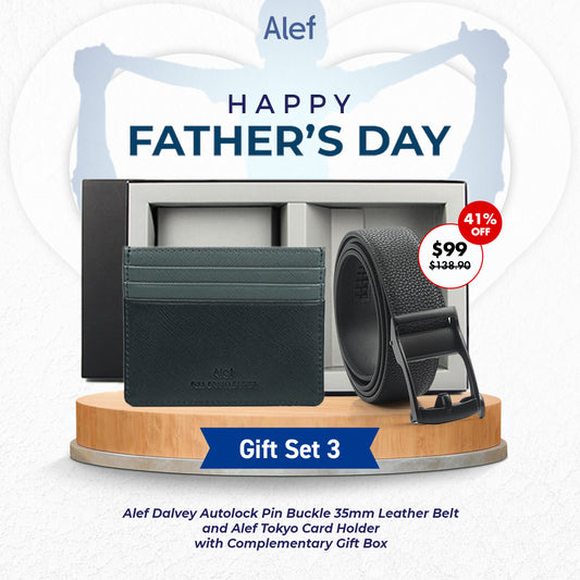 Alef Tokyo Men's Leather Cardholder with RFID-Protection (Navy/Grey) and Dalvey Men's Leather Auto-lock Pin Buckle Belt (Black) Gift Set 3