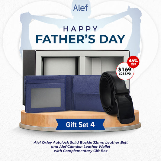 Alef Camden Bifold RFID Protected Italian Leather with Centre Flap and Coin Compartment (Navy) and Alef Oxley Men's Leather Auto-lock Solid Buckle 32mm Belt (Black) Gift Set 4