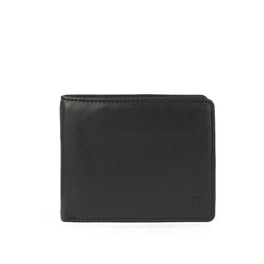 Alef Andrew RFID Protected Full Grain Leather Men's Slim Bifold Wallet with Coin Pouch, Centre Flap and Card Window (Black)