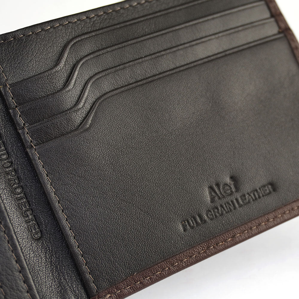Alef Andrew RFID Protected Full Grain Leather Men's Slim Bifold Leather Wallet with Card Window (Nougat)