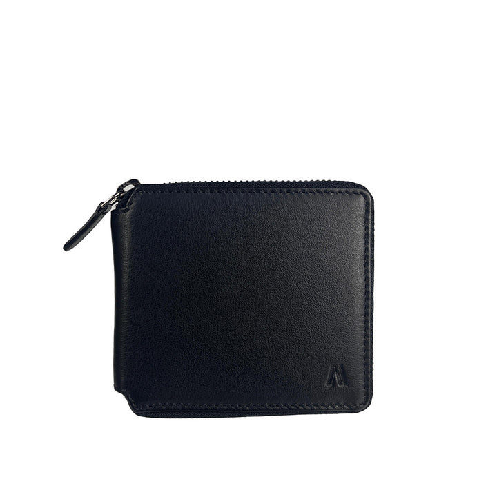 Alef Crosby Zip Around Leather Wallet with Card and Coin Compartment with RFID Protection (Black)