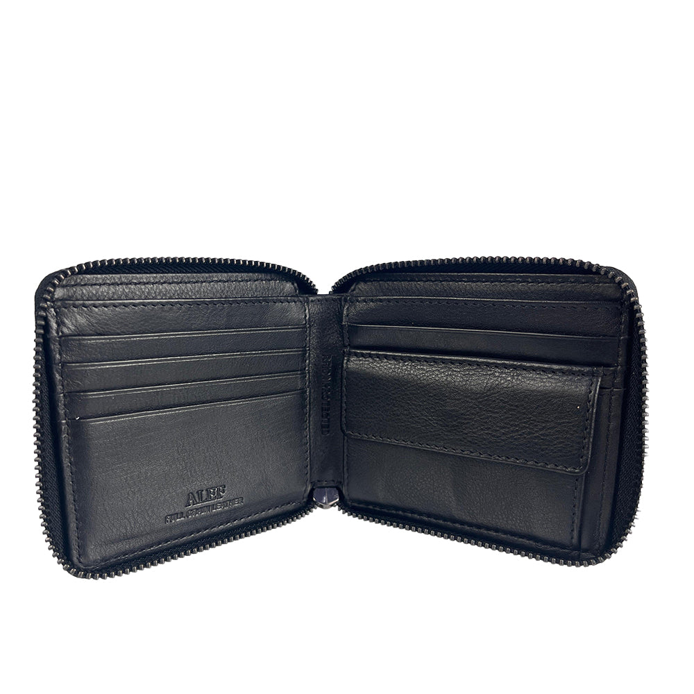 Alef Crosby Zip Around Leather Wallet with Card and Coin Compartment with RFID Protection (Black)