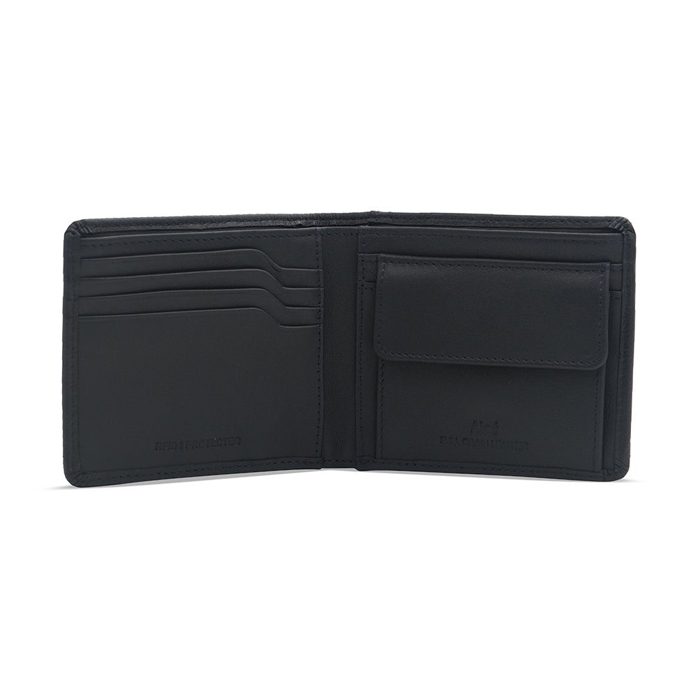 Alef Rhine RFID Protected Bifold Men's Leather Wallet with Coin Compartment (Navy)