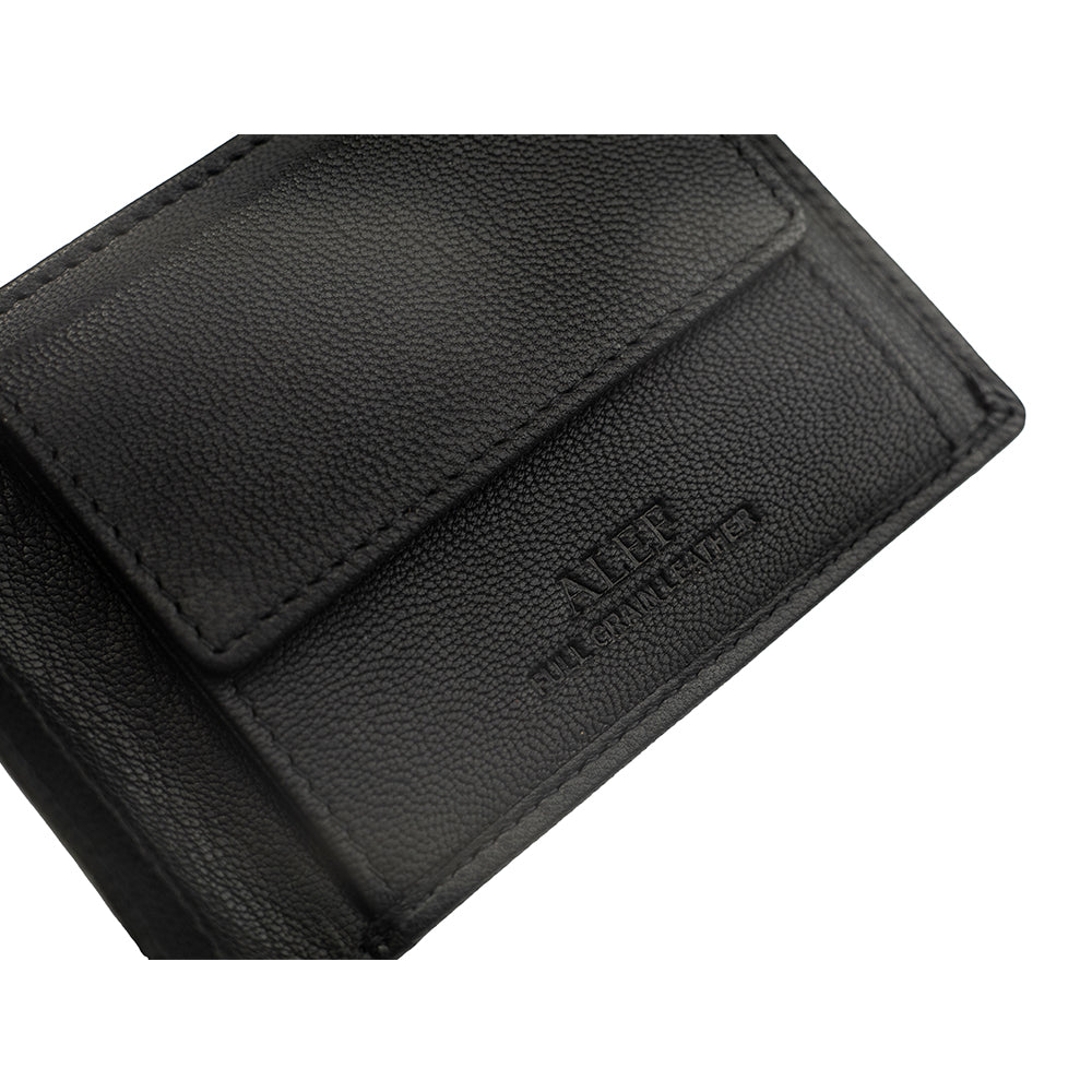 Alef Surrey Bifold Leather Mini Wallet with Card Window and Coin Compartment (Black)