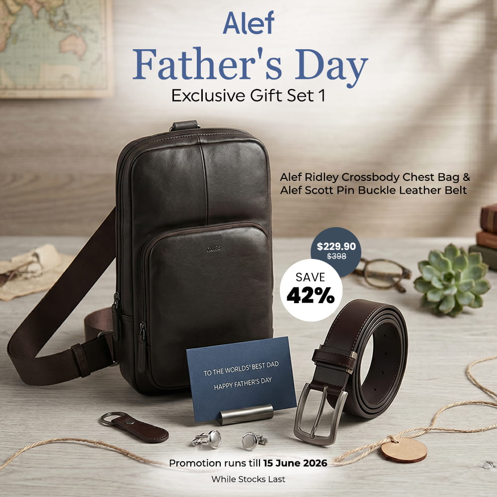 Alef Men's Leather Gift Set 1 - Ridley Chest Bag (Taupe) & Scott 35mm Pin Buckle Belt (Cafe)