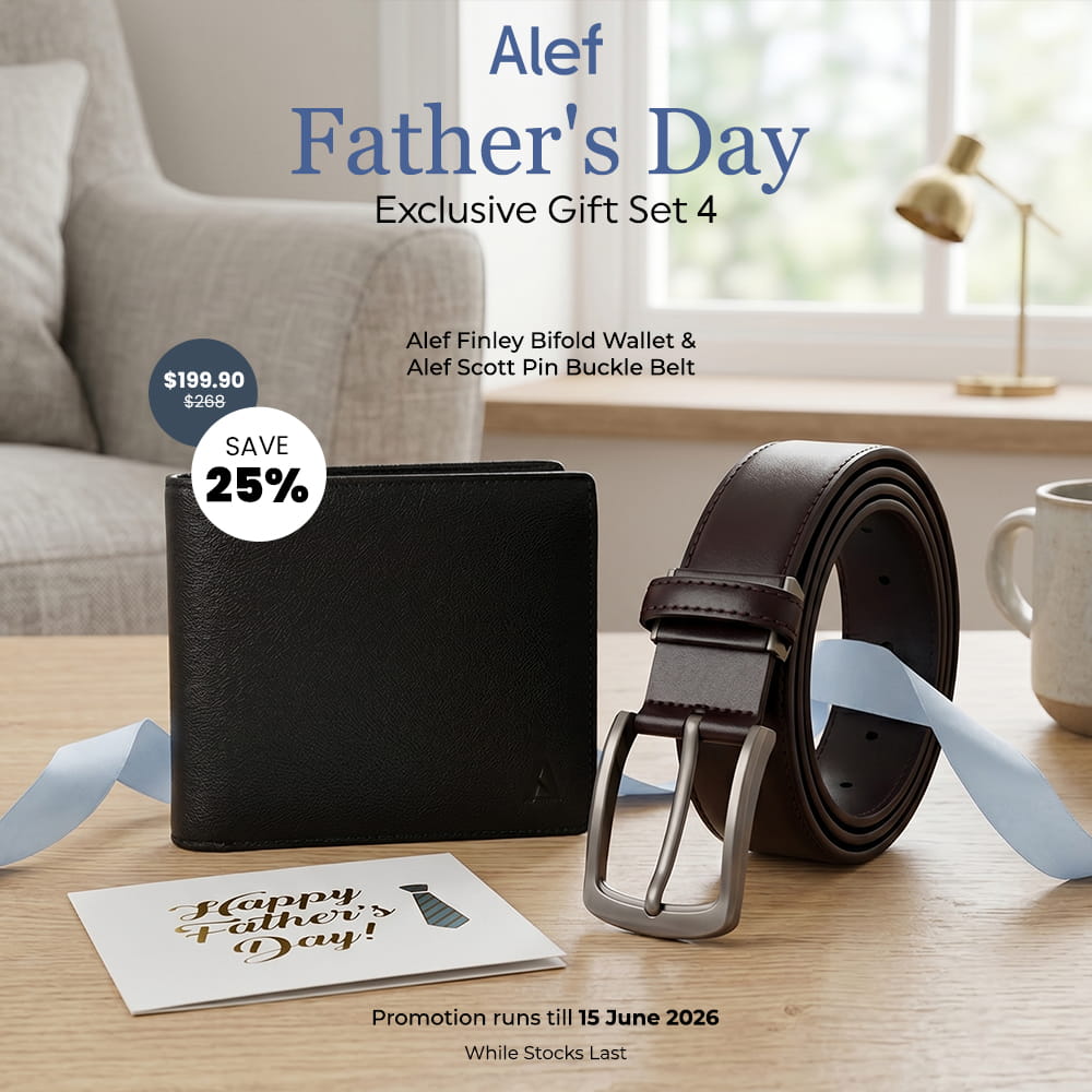 Alef Men's Gift Set 4: Finley RFID Black Leather Flap Wallet & Scott 35mm Cafe Pin Buckle Belt